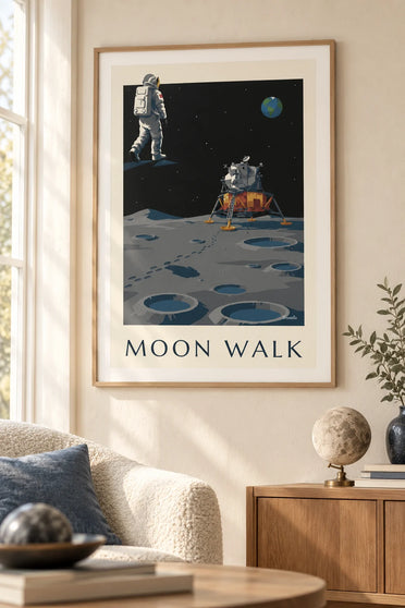 Affiche astronaute marchant vers le module lunaire sur la Lune : encadrée au mur