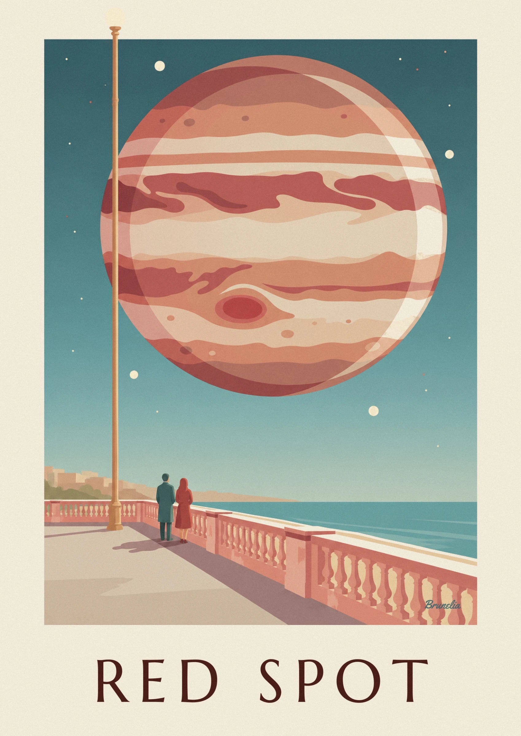 Les bandes crème, orangées et rouges de Jupiter sur le ciel bleu sombre