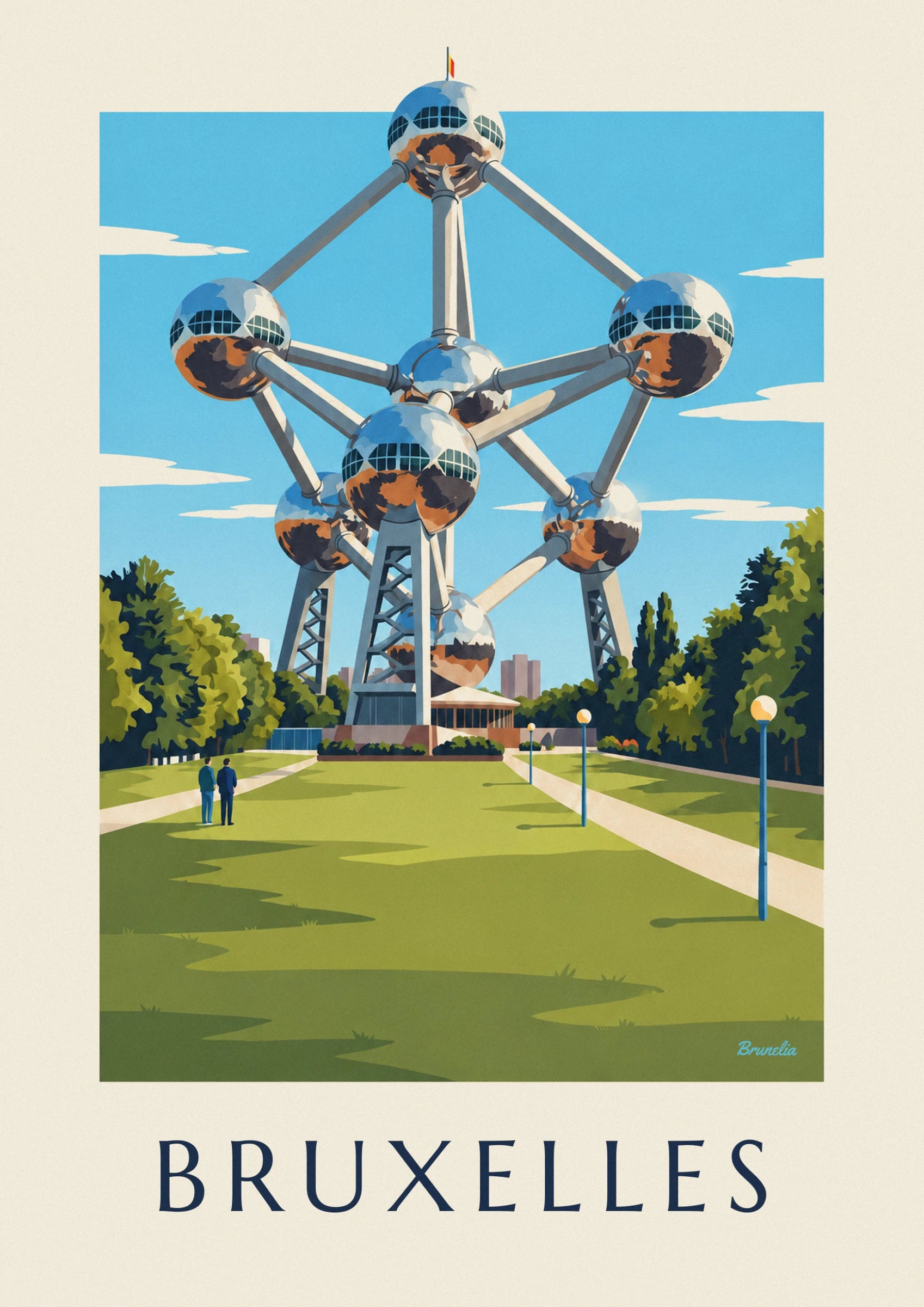 Le sfere d'acciaio dell'Atomium e i tubi di collegamento su un cielo blu