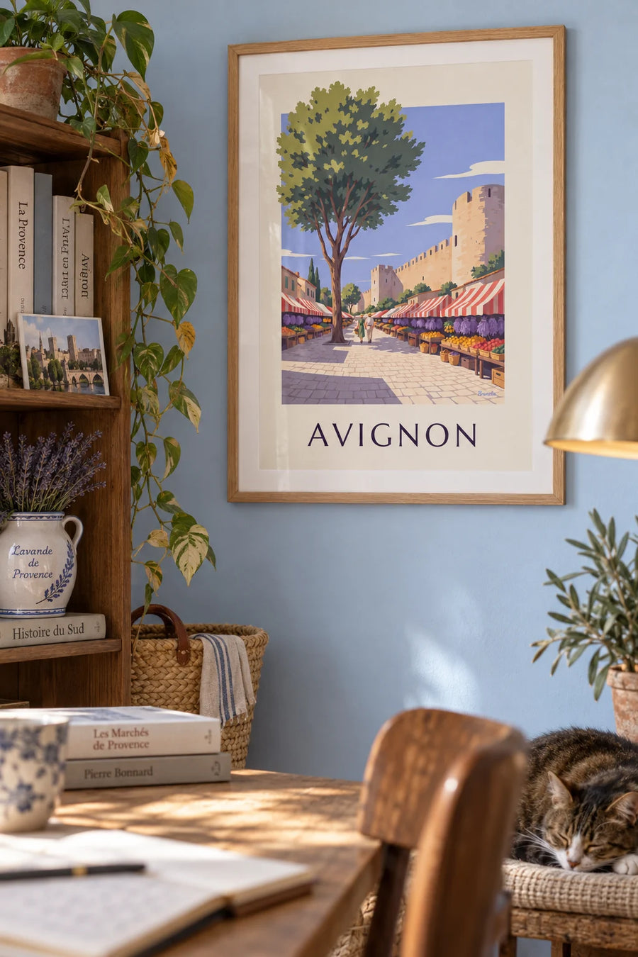 Poster con mercato provenzale e lavanda ad Avignone: incorniciato alla parete