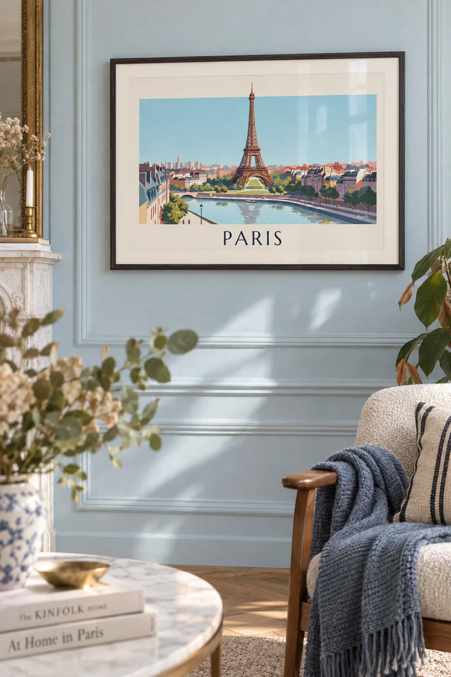 Propeller plane poster flying over the Eiffel Tower in Paris: framed on the wall