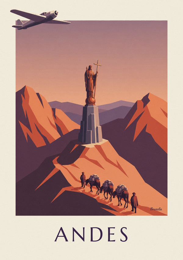 Poster aereo postale e carovana di muli sulle Ande
