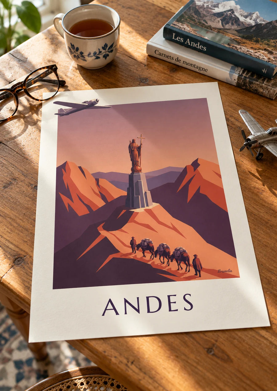 Poster aereo postale e carovana di muli sulle Ande: poster appoggiato su un tavolo