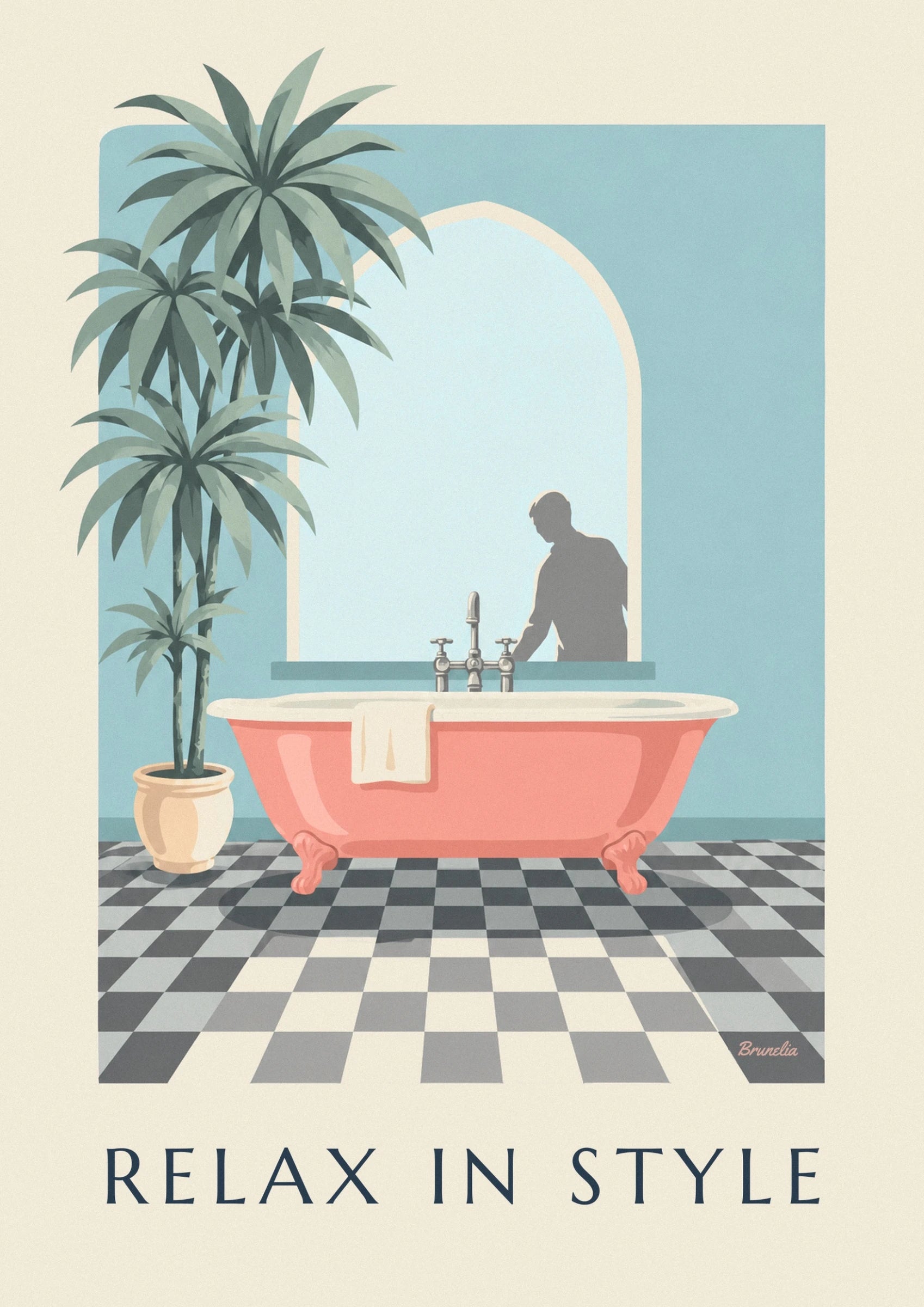 Coral bathtub and checkerboard tiles poster: close-up detail