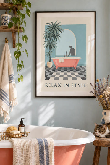 Poster vasca da bagno corallo e piastrelle a scacchi: incorniciato alla parete