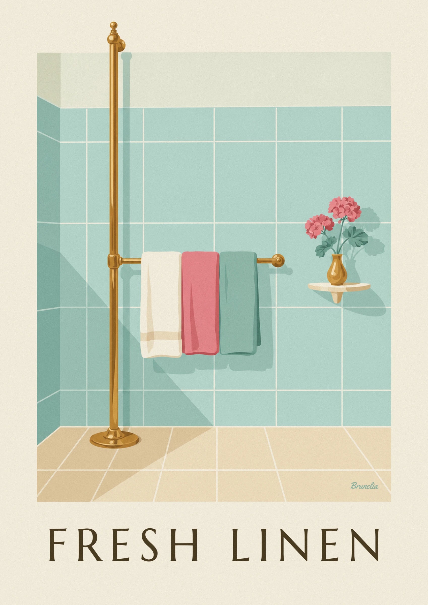 I 3 asciugamani crema, rosa e verde mare su una barra in ottone