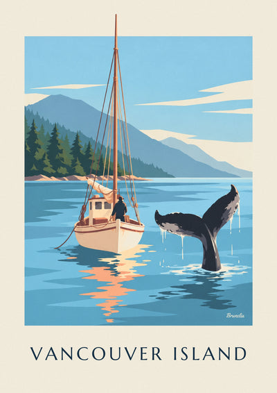 Poster of a whale tail near a sailboat off Vancouver Island: the full poster