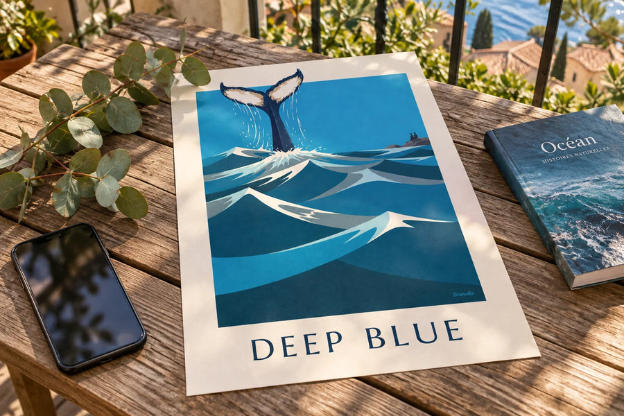Poster megattera che si tuffa nell'oceano con la coda alzata: appoggiato su un tavolo