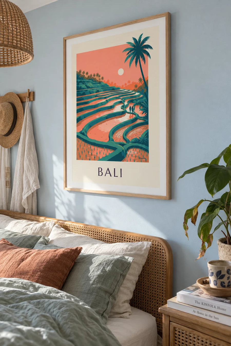 Poster of Bali’s terraced rice fields at sunset: framed on the wall
