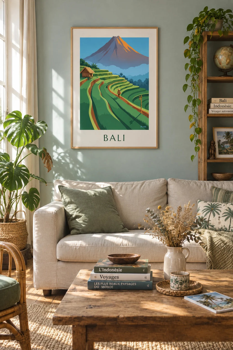 Poster of Bali’s terraced rice fields and Mount Agung at sunrise: framed on the wall