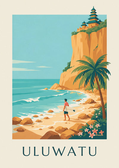Poster di un surfista ai piedi del tempio di Uluwatu a Bali: il poster intero