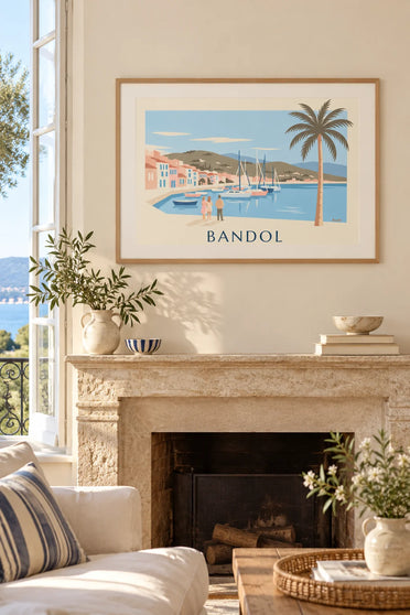 Poster con barche a vela e palma sul porto di Bandol: incorniciato alla parete