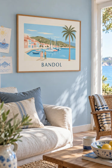 Affiche voiliers et palmier sur le port de Bandol : encadrée au mur