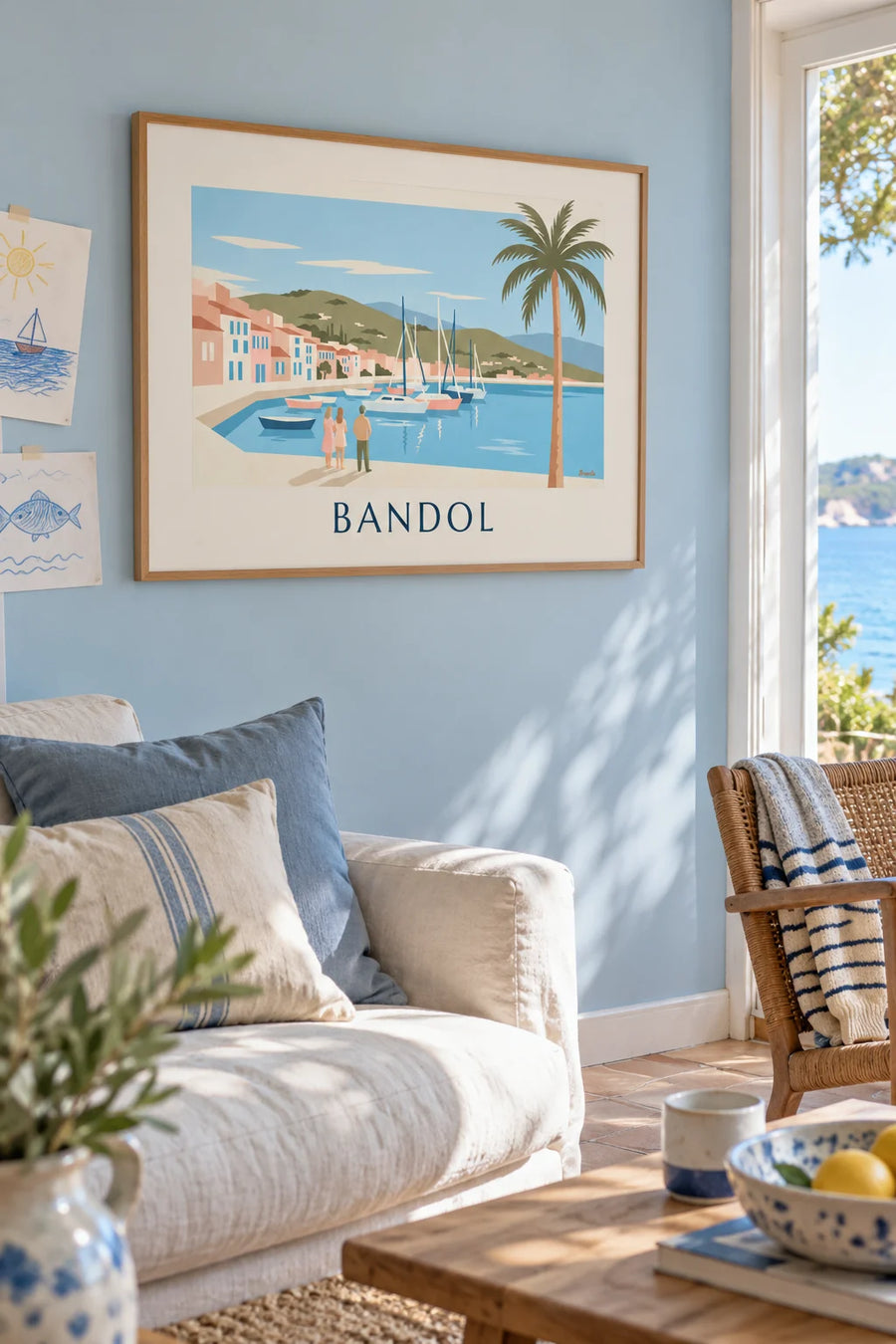 Poster of sailboats and a palm tree in the port of Bandol: framed on the wall