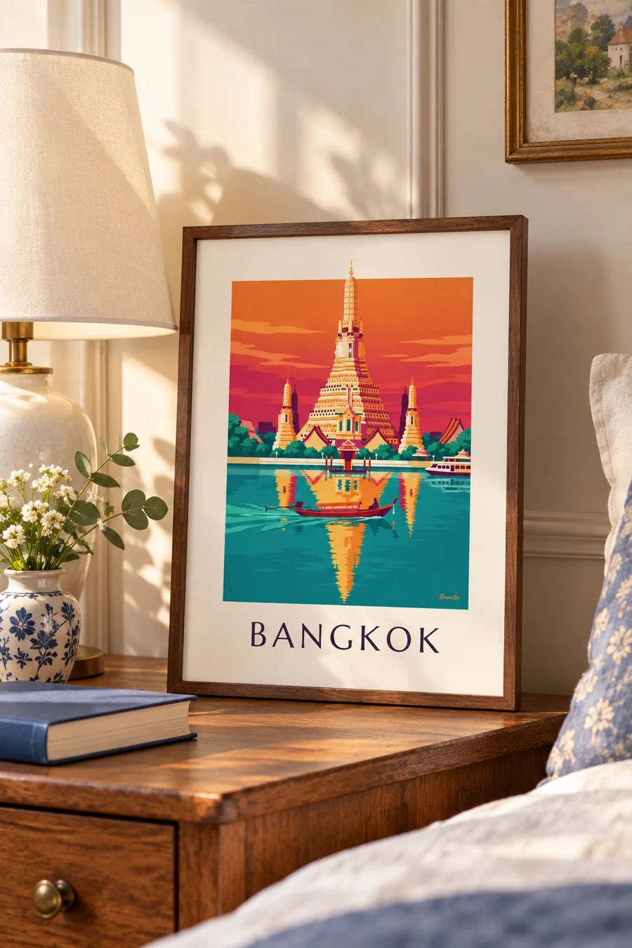 Poster con il tempio Wat Arun in riva al fiume a Bangkok: piccolo formato A4 incorniciato