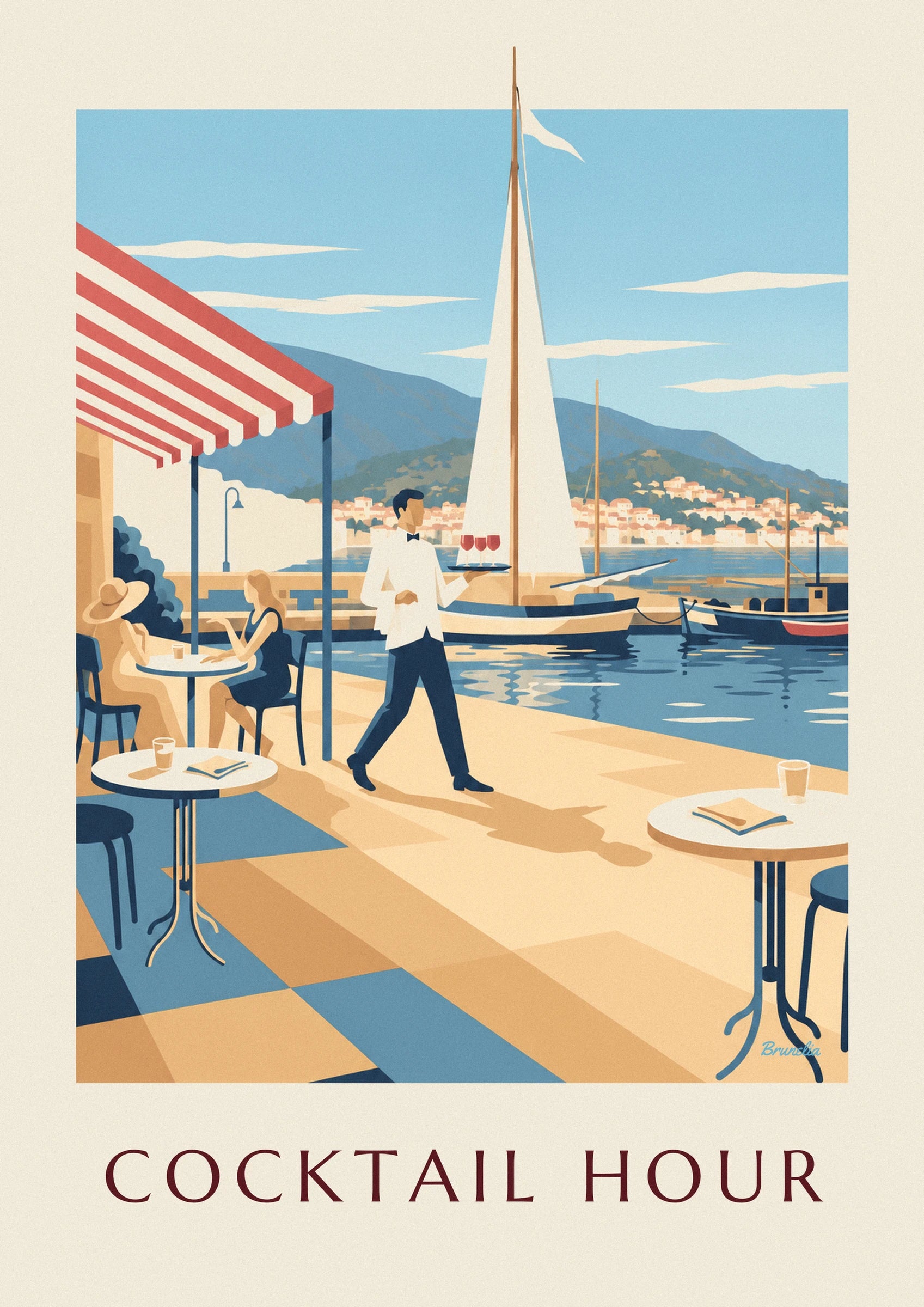 The waiter in a white jacket and bow tie carrying 3 glasses of red wine along the quay