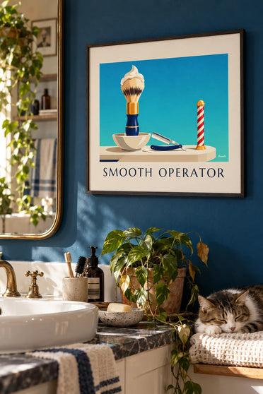 Poster of a shaving brush and a bowl of shaving foam with a straight razor: framed on the wall