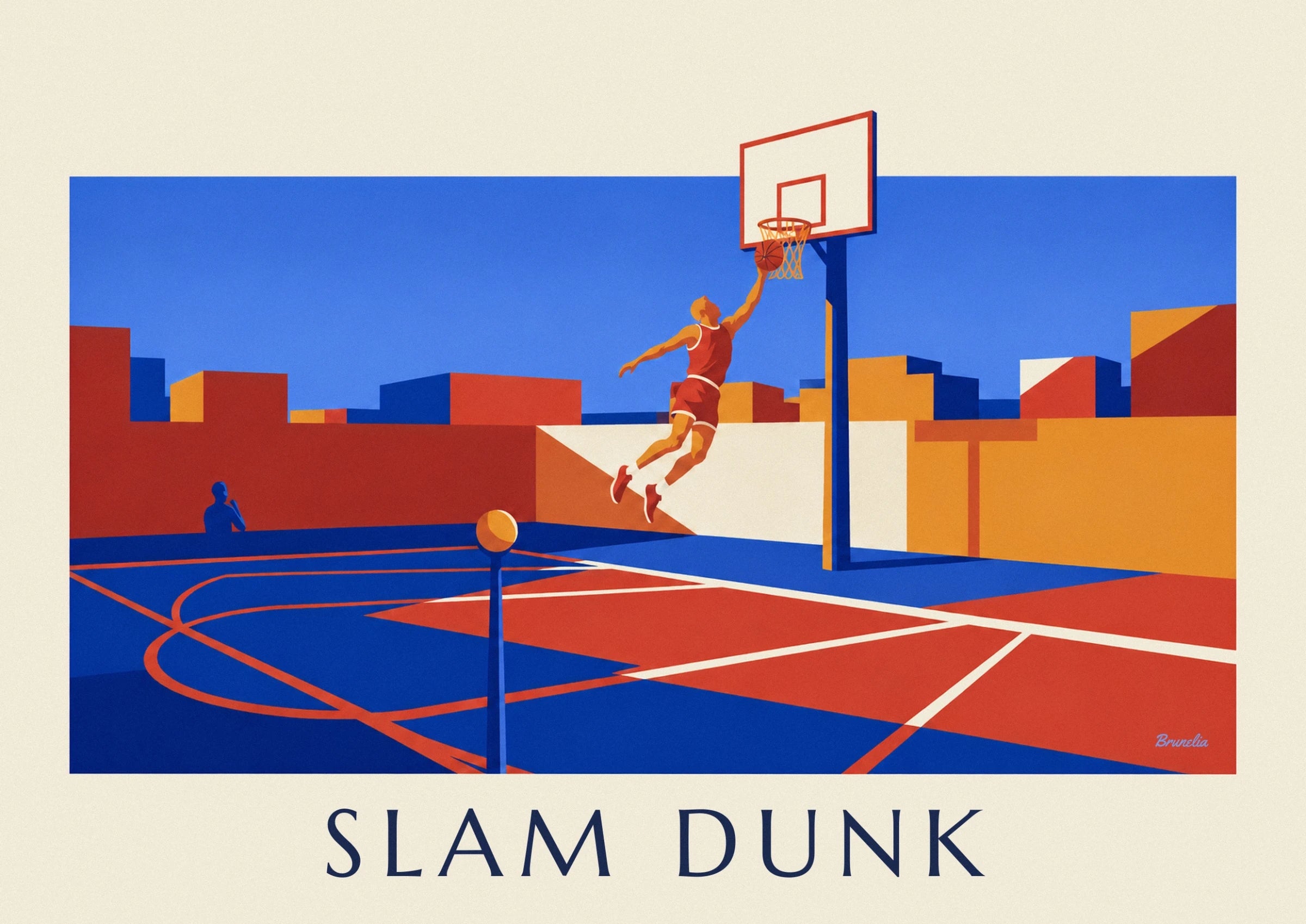 Il giocatore di basket in rosso si lancia verso il canestro, tenendo il pallone a braccio teso