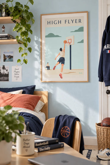 Affiche basketteur s'envolant vers le panier pour un dunk : encadrée au mur
