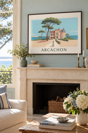 Affiche villa de la Ville d'Hiver à Arcachon parmi les pins : encadrée au mur
