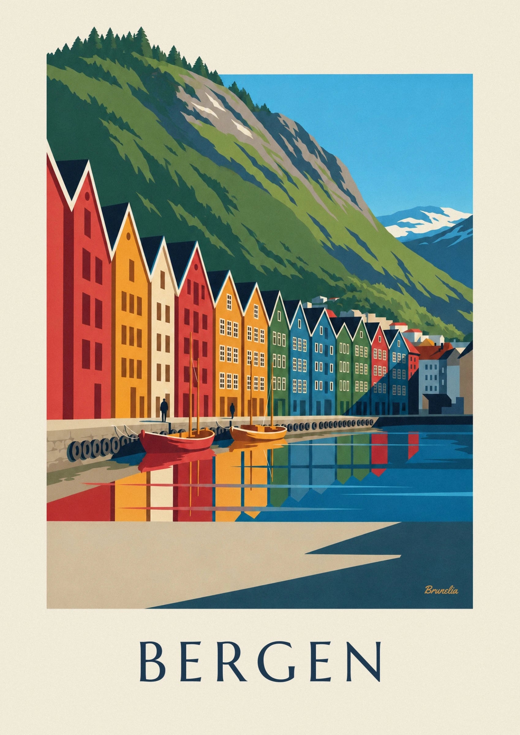 Red and yellow boats in front of colourful façades, with their reflections in the harbour