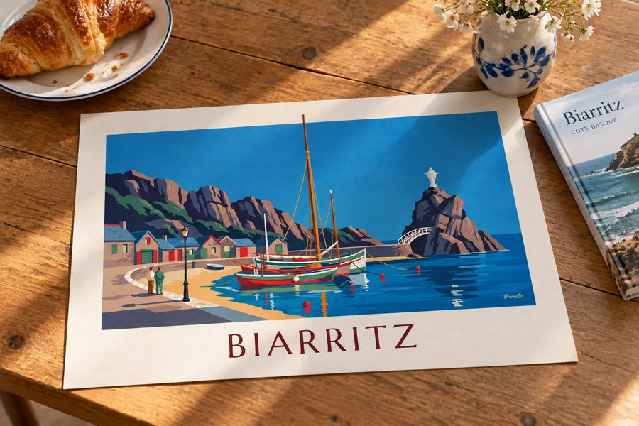 Poster porto dei Pescatori di Biarritz e Rocher de la Vierge: appoggiato su un tavolo
