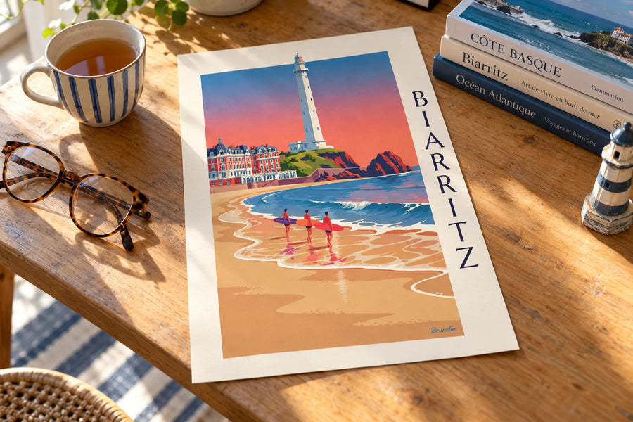 Poster surfisti e longboard davanti all'Hôtel du Palais di Biarritz: appoggiato su un tavolo