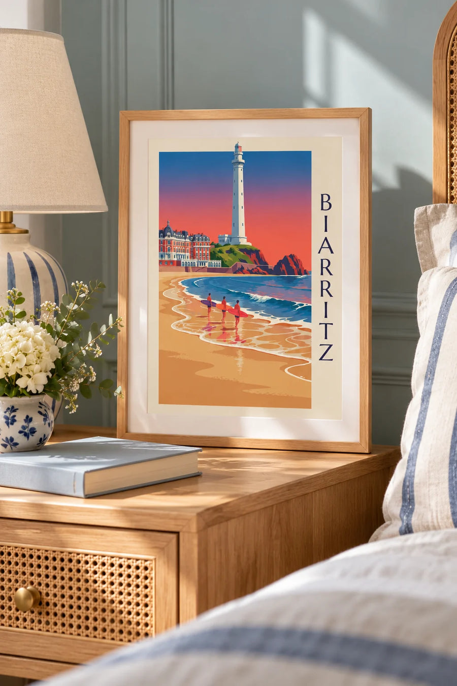Poster surfisti e longboard davanti all'Hôtel du Palais a Biarritz: piccolo formato A4 incorniciato