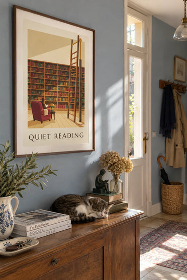 Poster libreria in legno e scala scorrevole: incorniciato alla parete