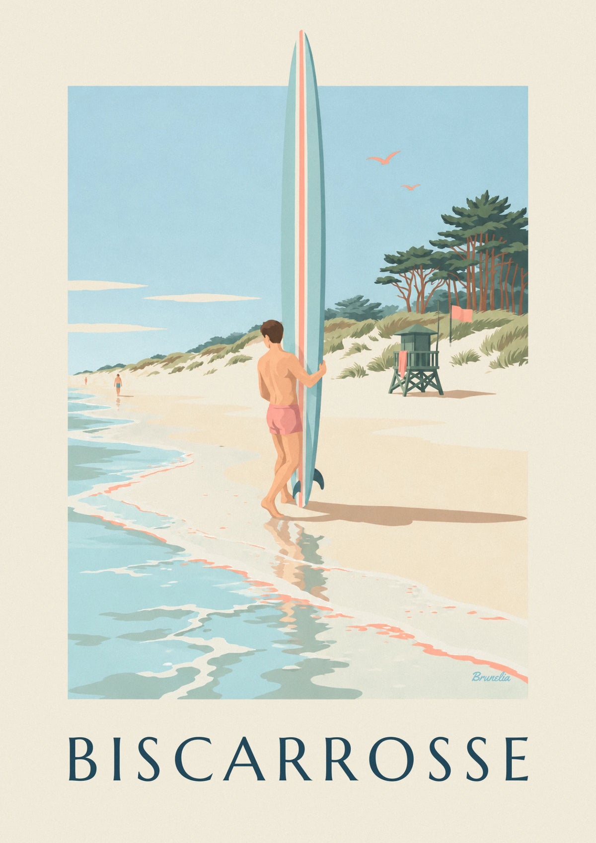 Affiche surfeur sur la plage de Biscarrosse et sa dune
