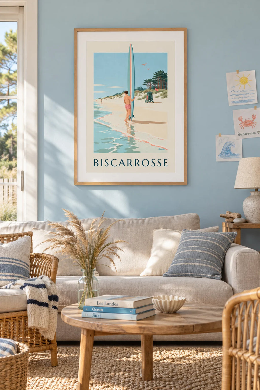 Affiche surfeur sur la plage de Biscarrosse et sa dune : encadrée au mur