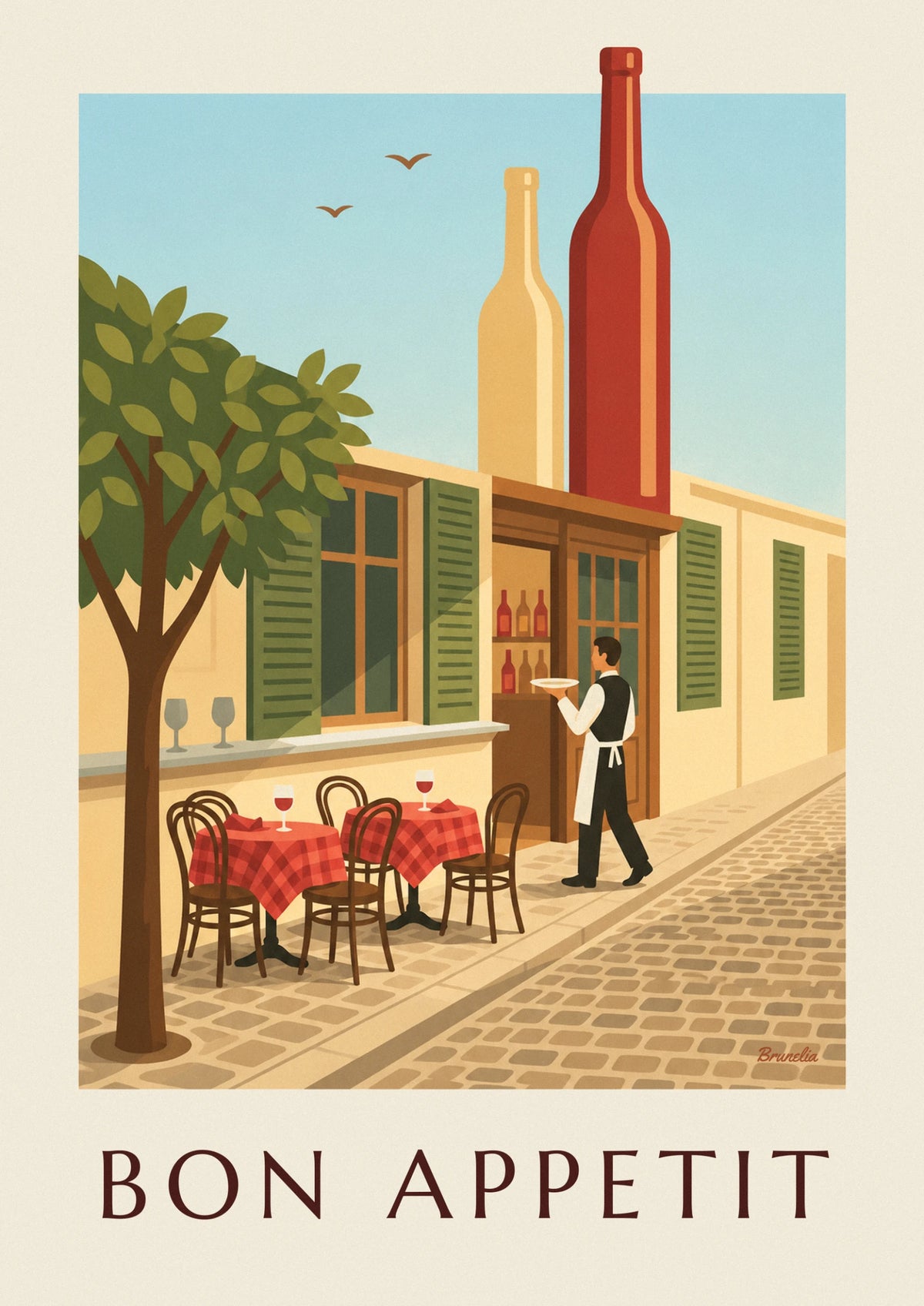 French bistro Bon appétit waiter and zinc counter poster