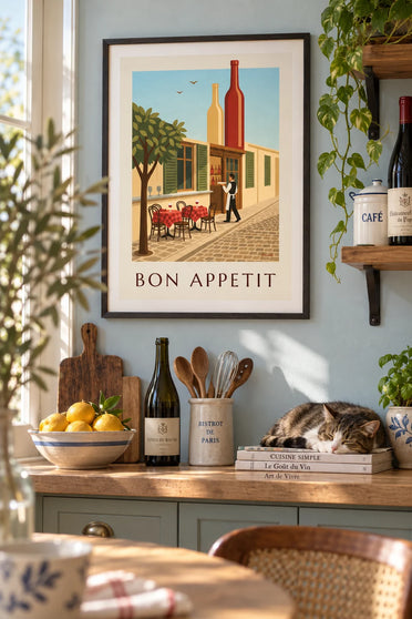 Poster of a French bistro, Bon appétit, with a waiter and a zinc counter: framed on the wall
