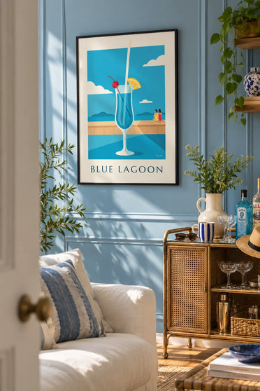 Blue Lagoon cocktail poster on a beach bar facing the lagoon: framed on the wall