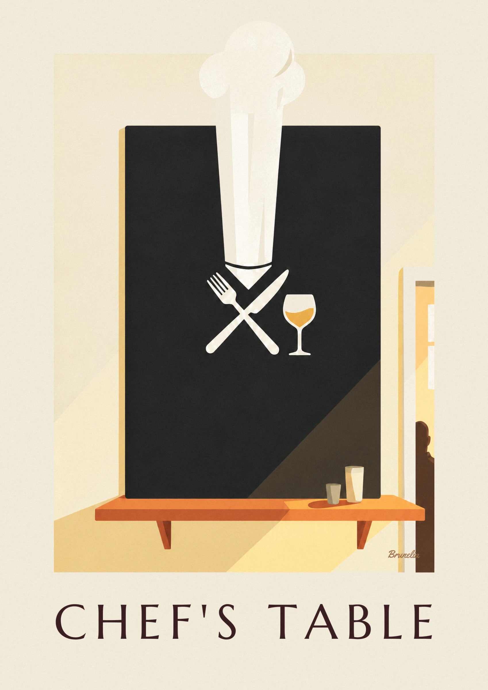 A crossed fork and knife and a glass of golden white wine beneath the chef's hat, against a slate background