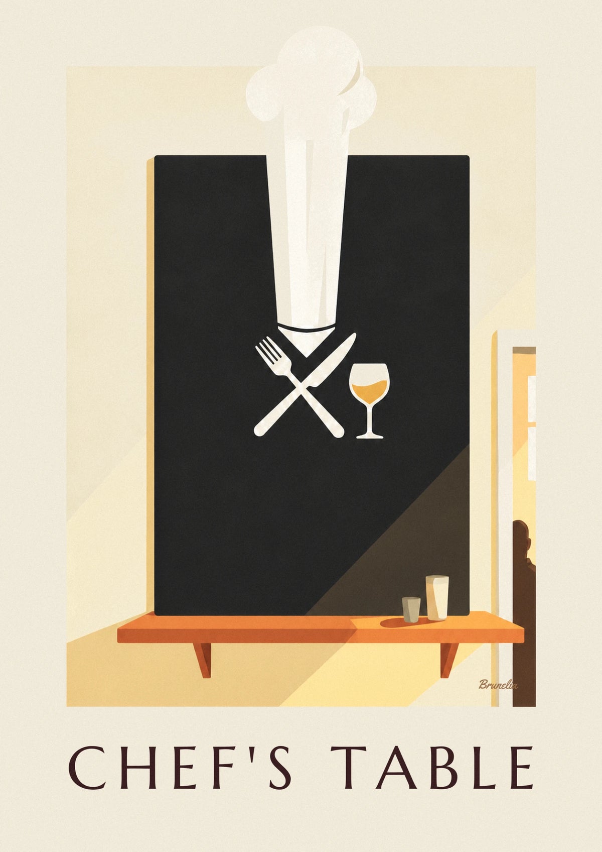 Chef’s hat, cutlery and wine glass on a chalkboard poster