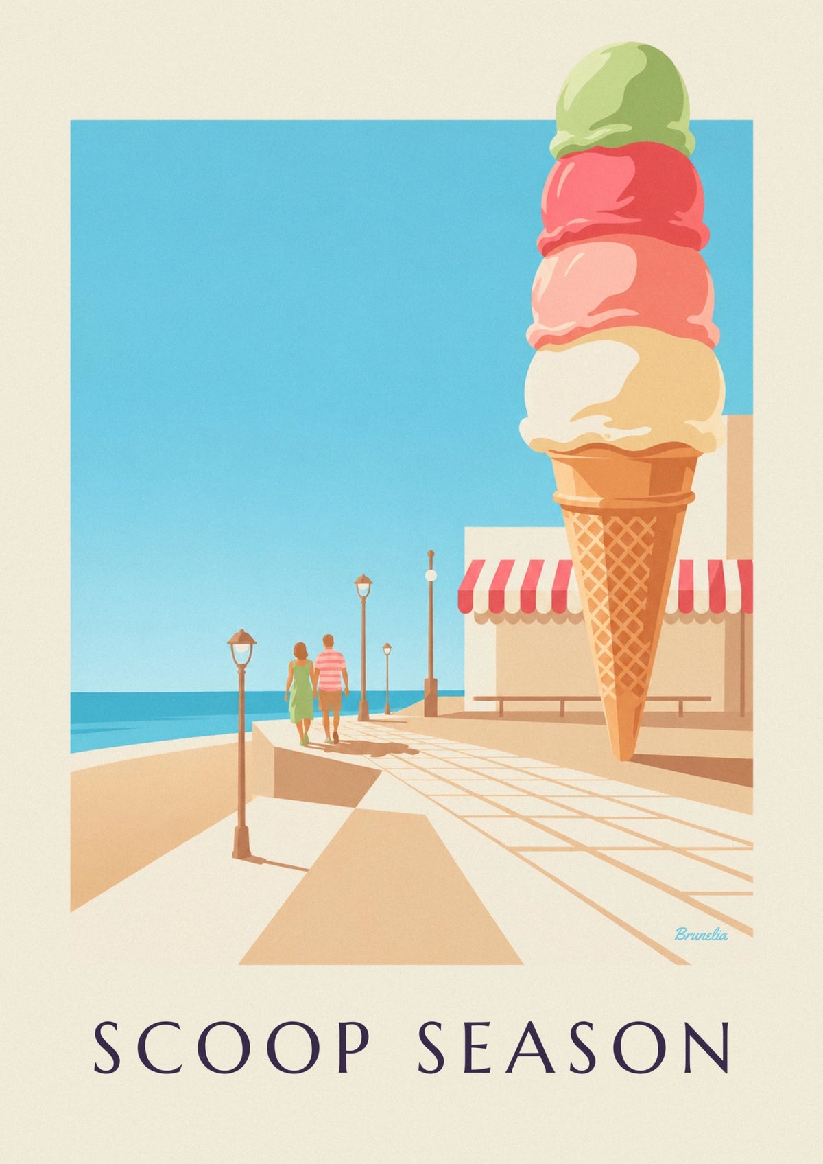 Affiche cornet de glace à 3 boules en bord de mer