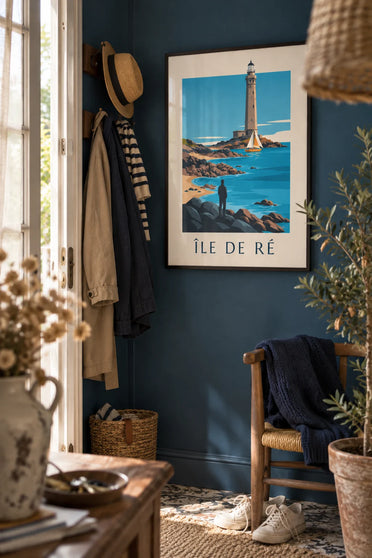 Poster of a sailboat in front of the Baleines lighthouse on Île de Ré: framed on the wall