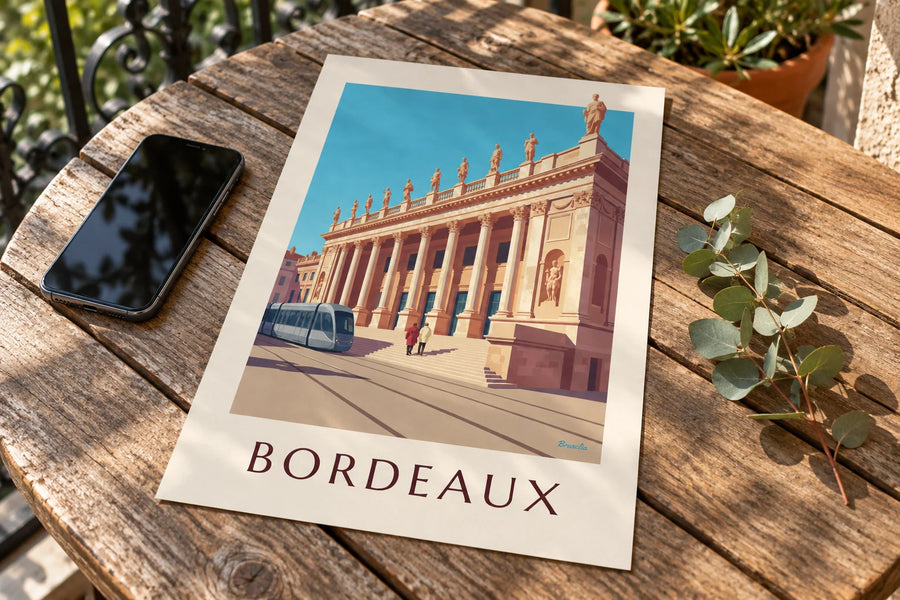 Poster Grand Théâtre e place de la Comédie a Bordeaux: appoggiato su un tavolo