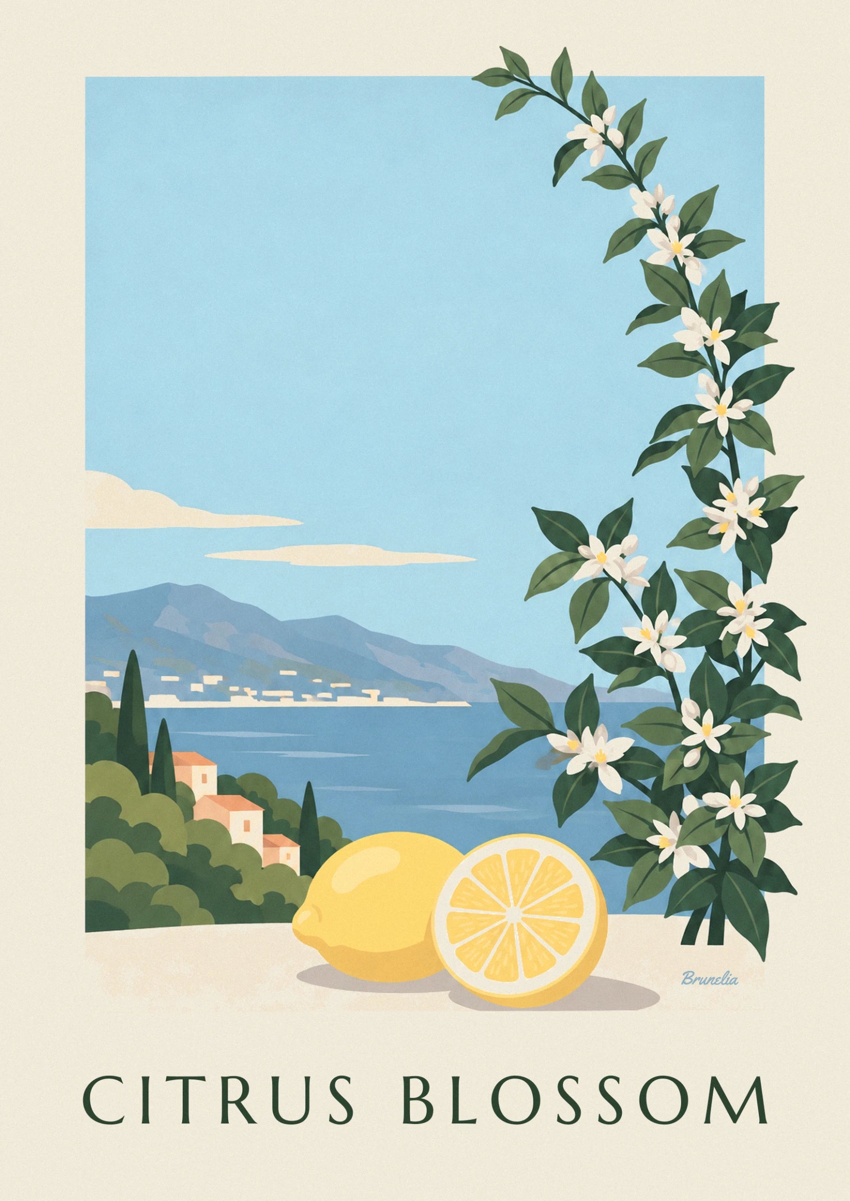 Un limone intero e metà limone accanto all'acqua, con fiori bianchi di limone in alto a destra