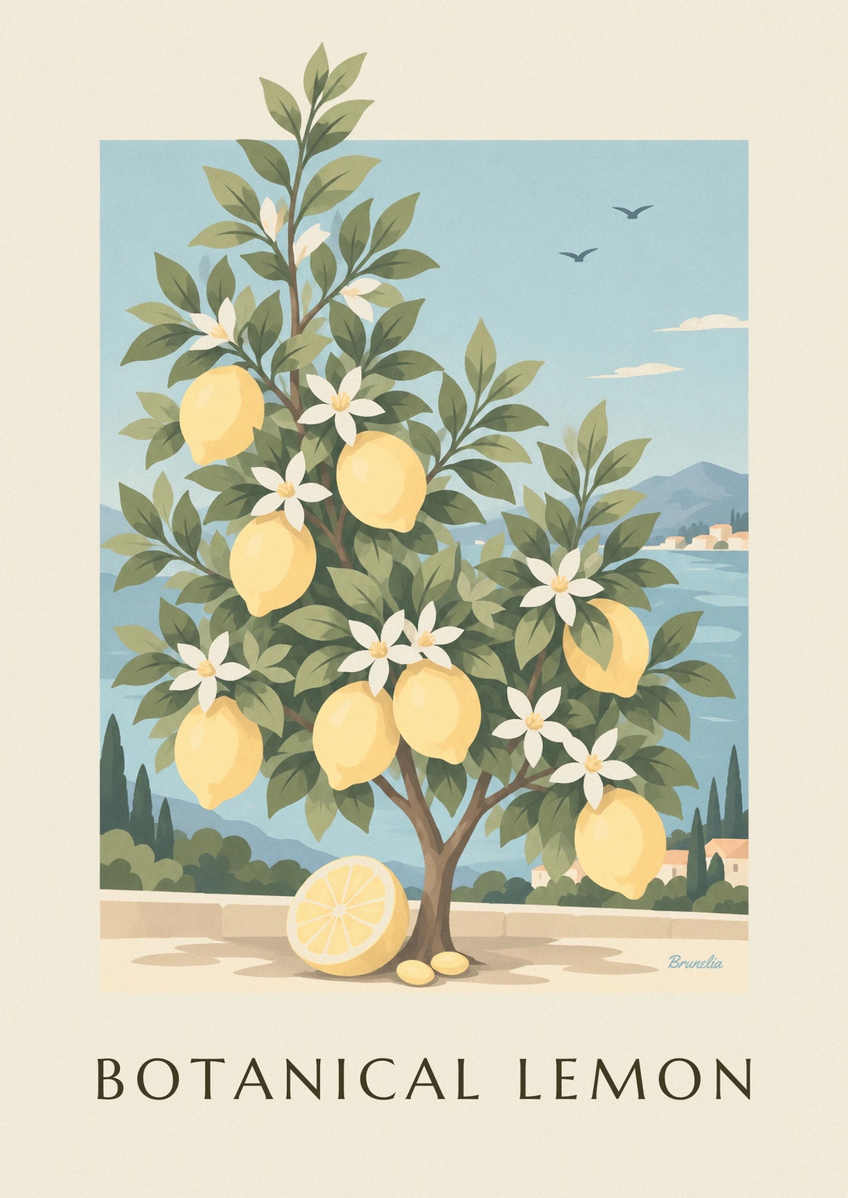Limoni gialli e fiori bianchi a forma di stella tra le foglie del limone