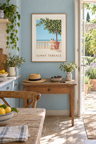 Poster of a potted lemon tree on a Mediterranean terrace: framed on the wall