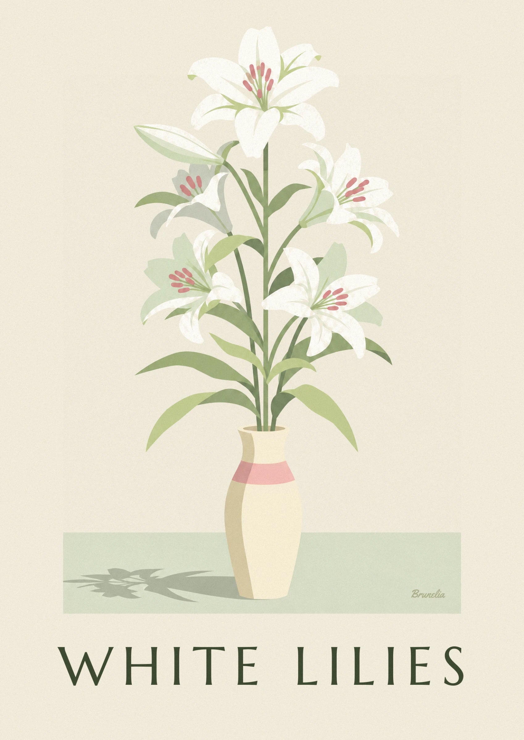The white lilies with bright pink stamens, on their long green stems