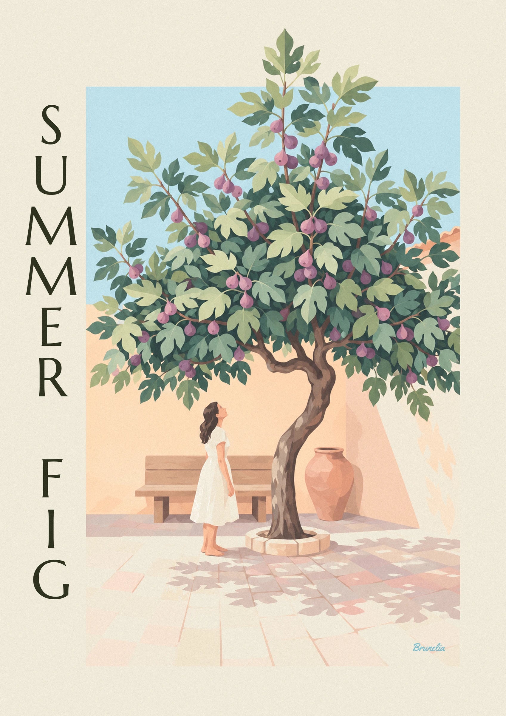 Poster albero di fico carico di fichi viola in un cortile di pietra: dettaglio in primo piano