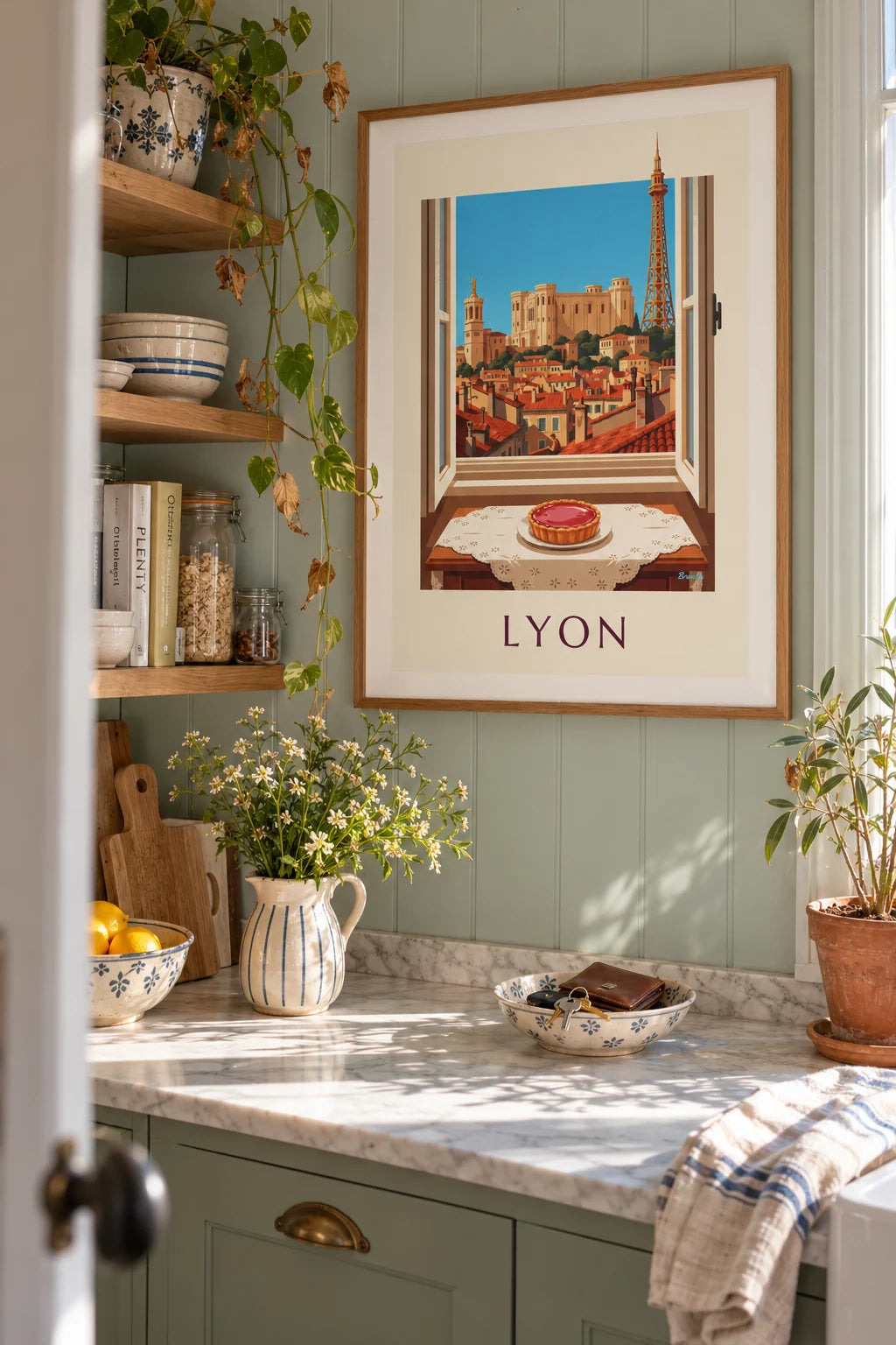Pink praline tart at a Lyon living room window poster on the wall