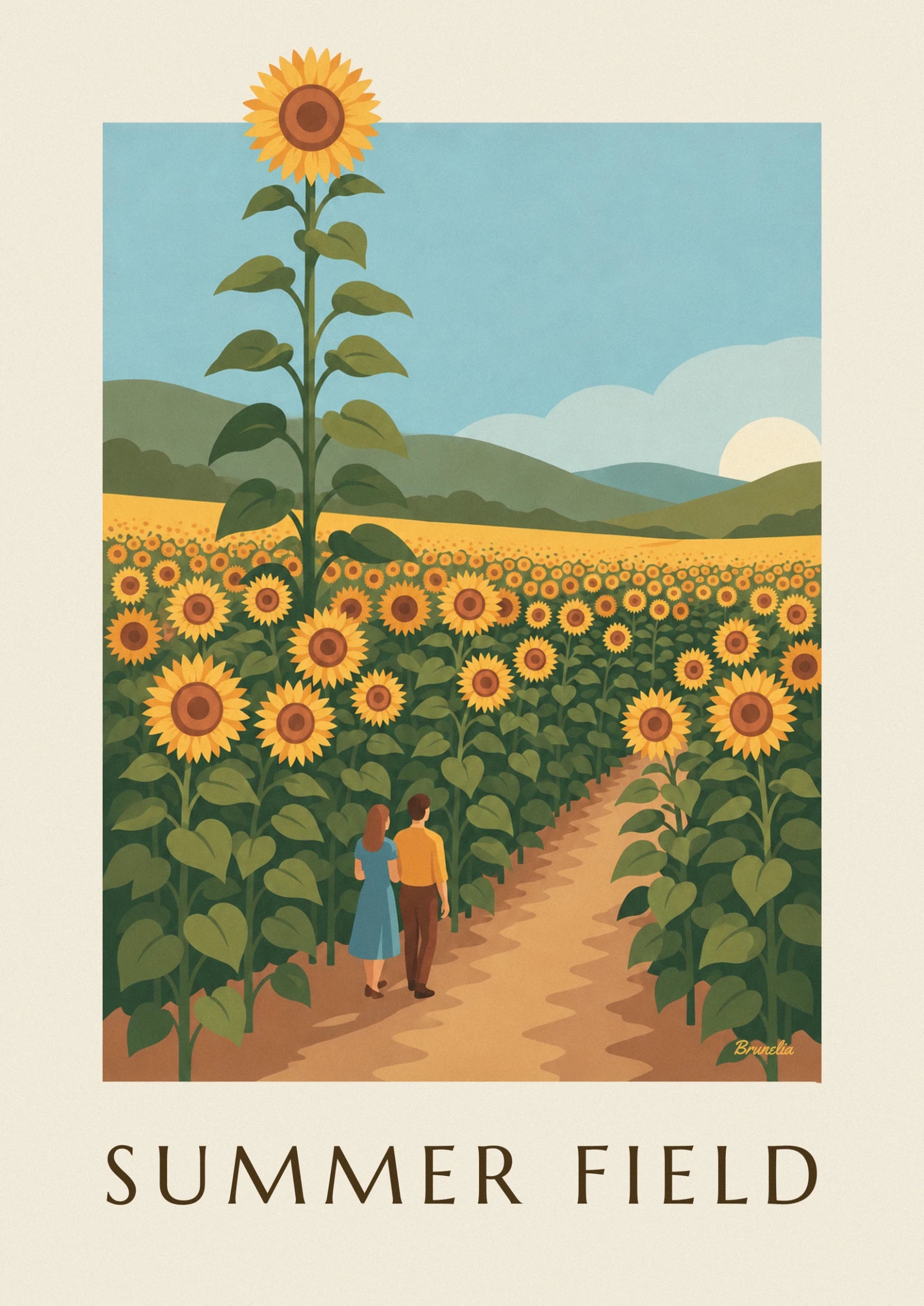 Un grande girasole sul suo alto stelo frondoso, rivolto verso il cielo azzurro pallido