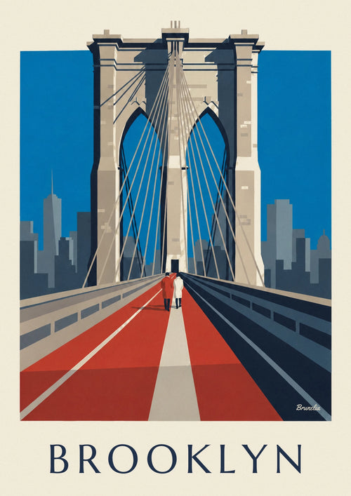 Affiche pont de Brooklyn en perspective depuis sa passerelle : l'affiche entière