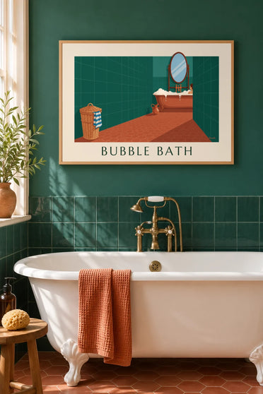 Affiche salle de bain verte, baignoire en cuivre et panier en osier : encadrée au mur