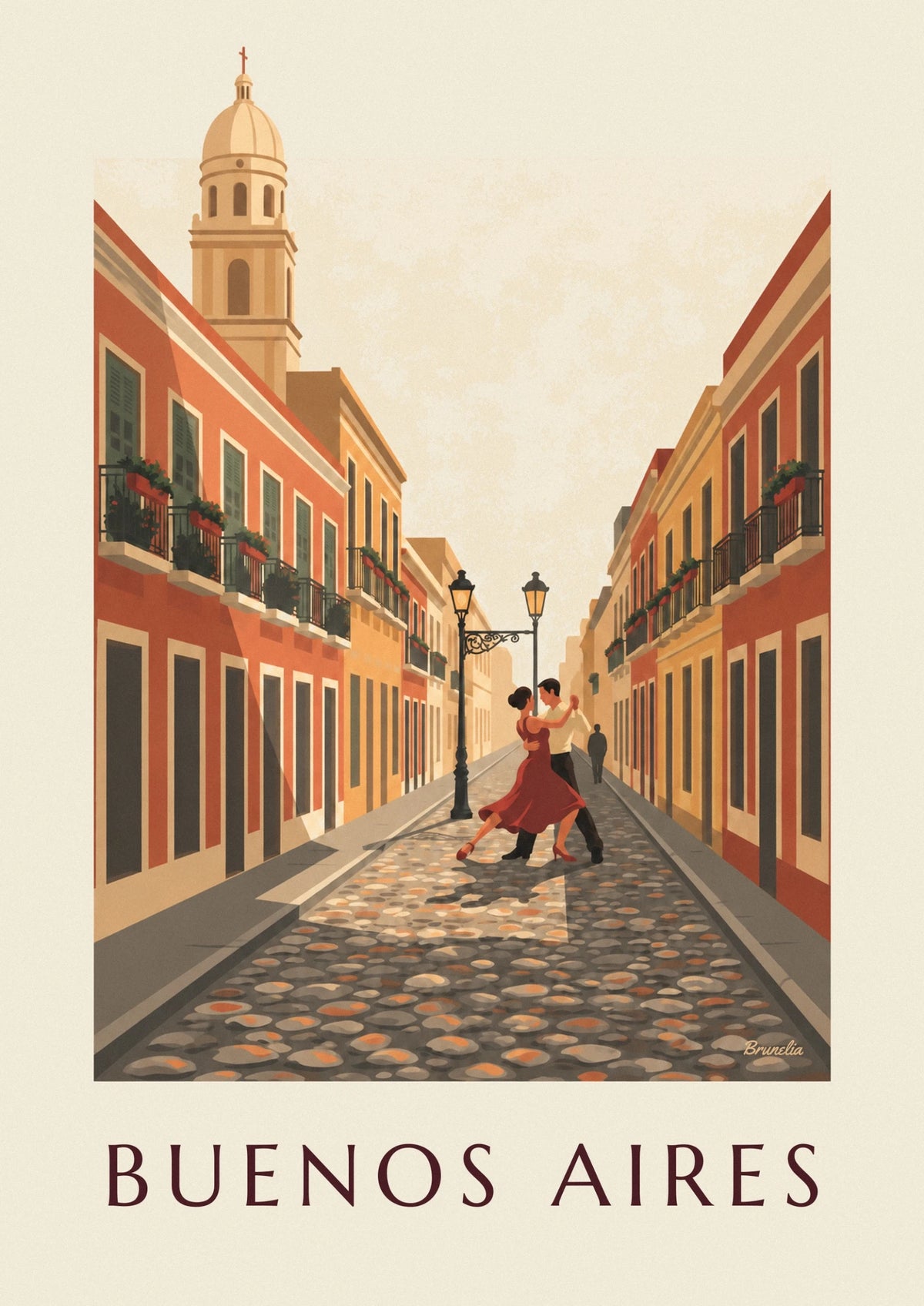 Buenos Aires San Telmo street and tango dancers poster