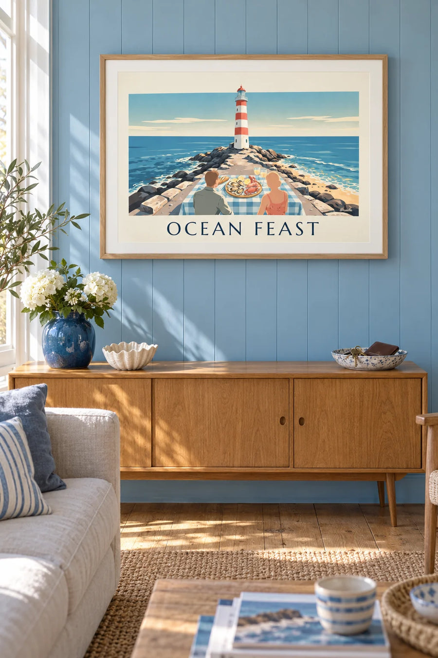 Affiche plateau de fruits de mer au pied d'un phare : encadrée au mur